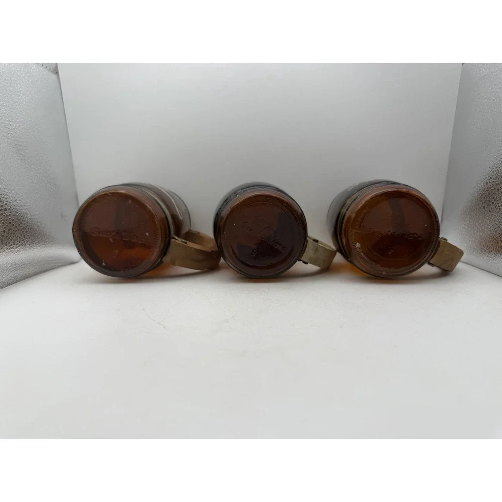 Vintage Siesta Ware Amber Glass Mugs Set 3 Wood Handles Brass Bands Etched